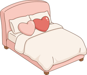 Cozy Pink Bed with Heart Shaped Pillows Illustration for Valentine's Day and Romance