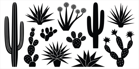 Collection of Black Silhouette Cacti and Succulents on White Background cactus desert