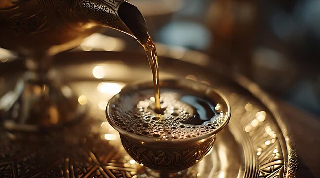 Steaming hot coffee is poured from an ornate golden pot into an intricately engraved cup, creating a luxurious and traditional scene