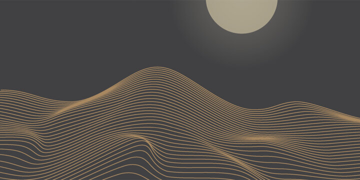 Vector abstract art landscape mountain with birds and sunrise with gold line art texture isolated on dark gray black background. eps10