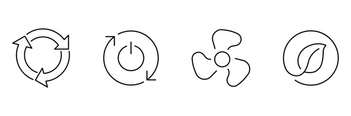 Air eco icon set, recycle loop sustainability, power on off switch, ventilation fan blade, green leaf nature friendly illustration.