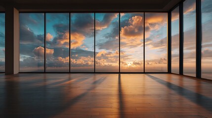 Fototapeta premium Empty room with sunset and glass window