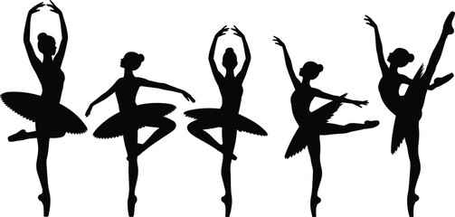 Five black silhouettes of ballerinas in various ballet poses on white background dancer © Mst Anjuara