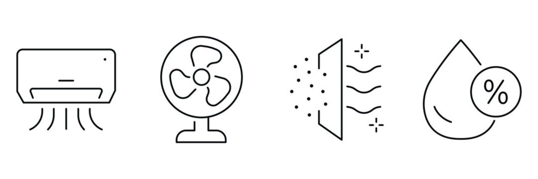 Air conditioning icon set, ac unit cooling system, electric fan ventilation, air filter purification, humidity moisture control illustration.