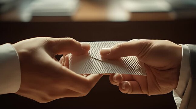 A close-up, cinematic shot of two businessmen formally exchanging a textured business card in a professional setting