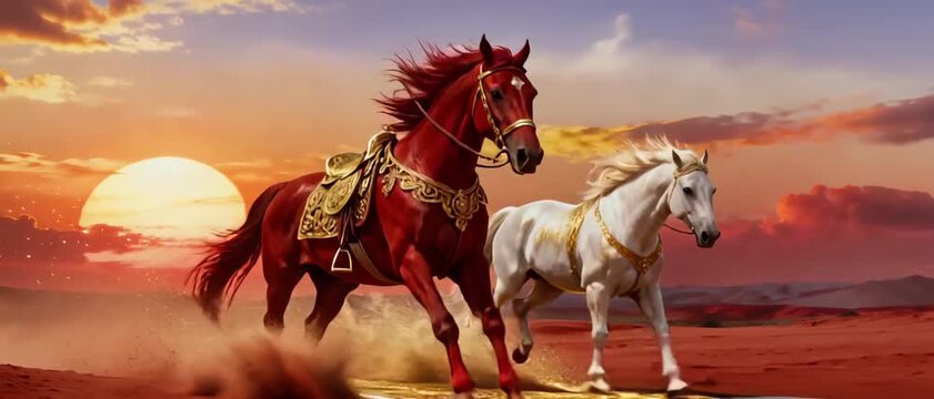 Magnificent red and white horses gallop powerfully through a dust-filled, golden-hued desert at sunset, embodying freedom and spirited adventure