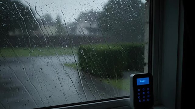 Rainy day view through window with security system on "Away" mode reflecting security, weather, and home themes.