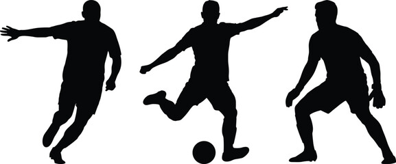Football player silhouettes action scene, soccer athletes dribbling kicking poses, competitive sports movement, black vector illustration