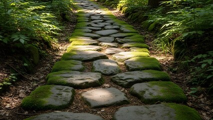 Mossy stone pathway in a serene forest setting with sunlight filtering through the trees