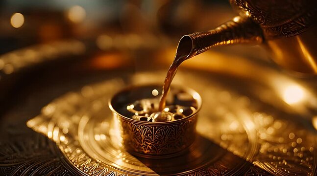 Steaming hot coffee is poured from an ornate golden pot into an intricately engraved cup, creating a luxurious and traditional scene