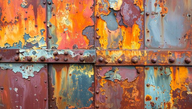 Close up of Rusted Metal Panels with Peeling Paint