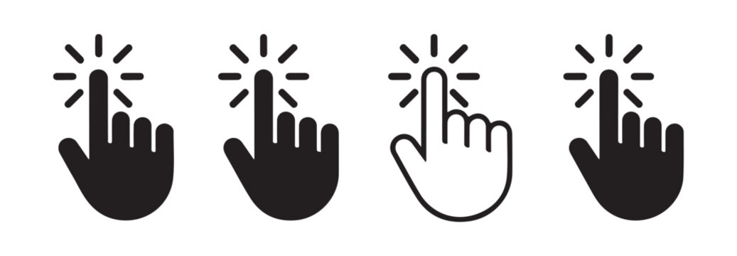 Set of four pointer clicking hand icons with radiating lines in both solid and outline styles