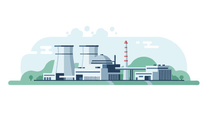 Industrial city skyline illustration featuring a vector icon design of a factory and power station with urban building silhouettes under a clear sky