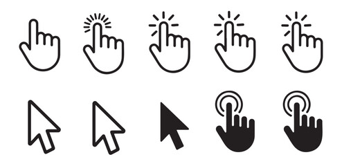 Fototapeta premium Variety of pointer icons including hand clicks and arrow cursors in different styles