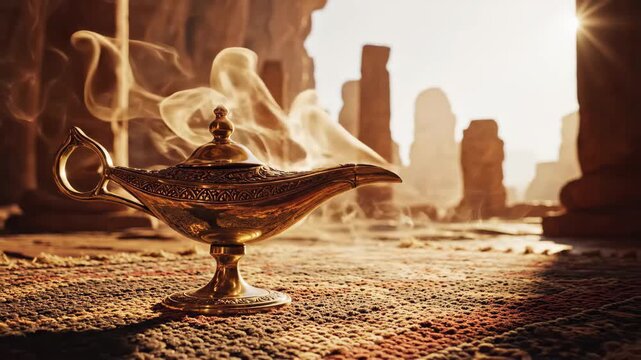 Ornate brass genie lamp emitting smoke in sunlit ancient interior, 4k