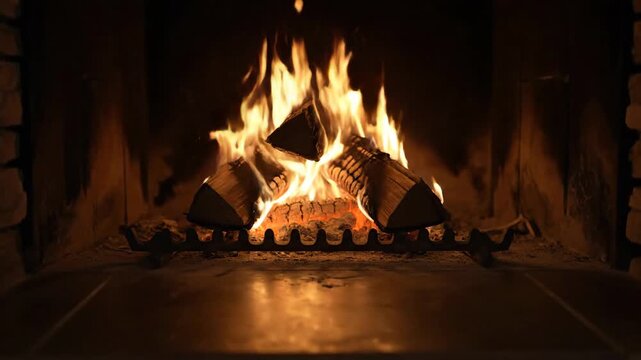 Cozy fireplace burning wood logs with flames, creating warmth and a relaxing atmosphere.