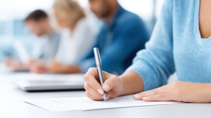 Adult learner engaged in writing notes during a workshop, surrounded by peers, showcasing focus and collaboration in a modern educational environment