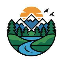 Obraz premium Mountain landscape with river and trees under rising sun in a circular frame design concept