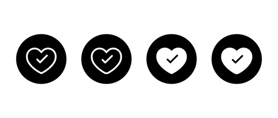Good health, healthy icon set in black circle. Heart with check mark symbol. Love with checkmark sign