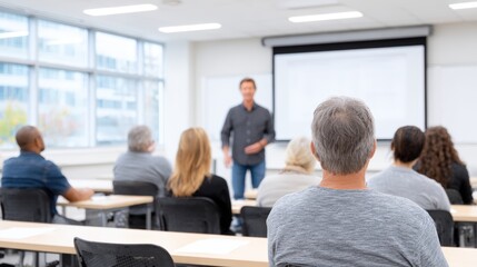 Adult learners engaged in a classroom setting, attentively listening to an instructor presenting information on a screen, fostering an interactive learning environment