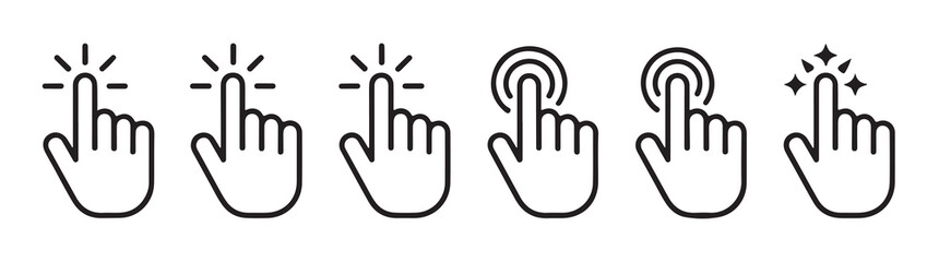 Five simple line art icons illustrating hand pointing and touching digital screen with subtle press indication effects