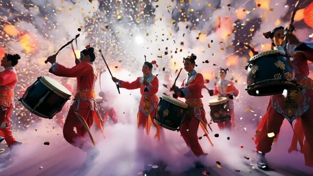 Traditional Chinese drummers in red costume performing with energy among smoke fire and confetti for festival