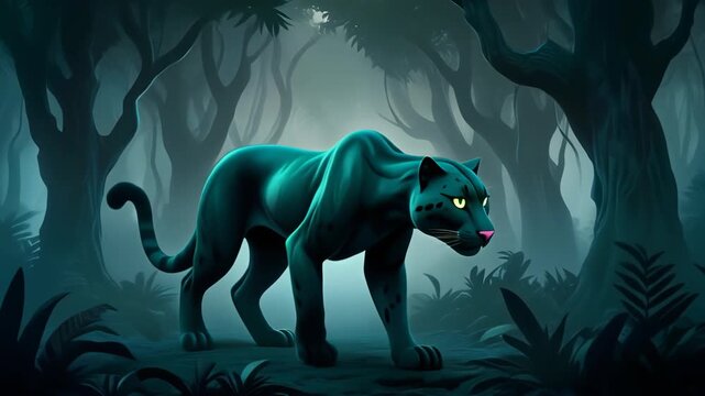 Black Panther Stalking Through Dark Forest Night Illustration Style