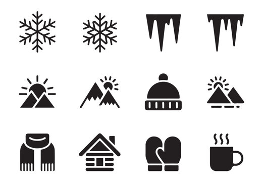 Winter season icon set with snowflake icicle beanie mountain cabin mittens scarf and warm mug symbols