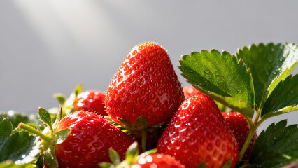Close-up of Fresh Plump Strawberries with Leaves