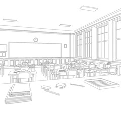 Empty classroom with desks, chairs, and whiteboard for education