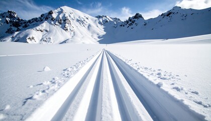 Cross country Ski Tracks in a Vast Snowy Mountain Landscape