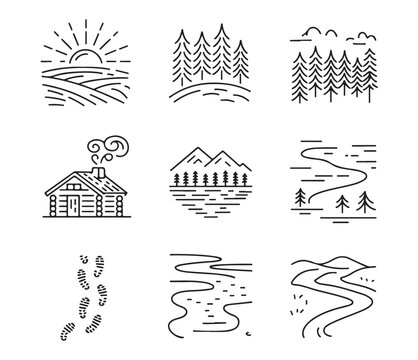 Collection of monoline nature and travel icons sunrise forest river cabin and footsteps vector set