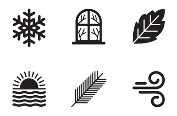 Fototapeta premium Monochrome vector glyph icons set representing different weather conditions and seasonal natural elements nature.