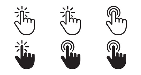 Various black and white hand pointers demonstrating interactive click and tap functions on digital interfaces