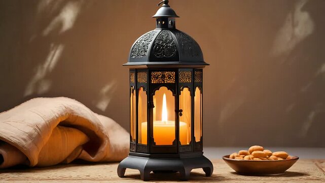 Burning Candle in Black Decorative Lantern with Nuts and Cloth for Ramadan