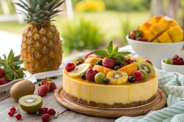 Tropical Explosion Fruit Cake: A vibrant fruit cake overflowing with tropical fruits such as mango, pineapple, kiwi, and passion fruit, dynamic arrangement, juicy textures, bright colors.