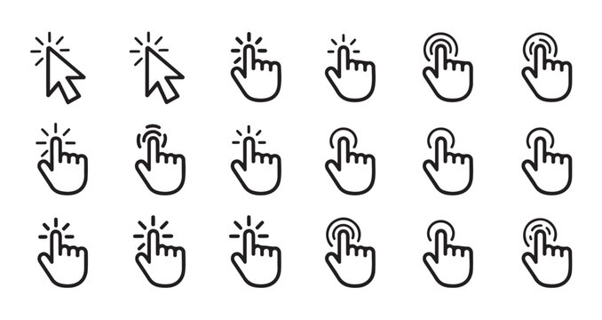 Grouping of stylized hand touch icons illustrating single tap click and ripple effects for selection input
