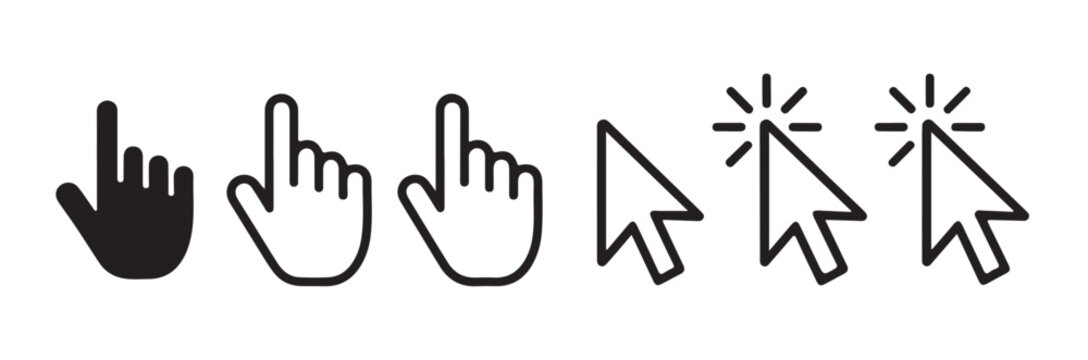 Black mouse arrow and hand cursor icons set for web design and user interface navigation development