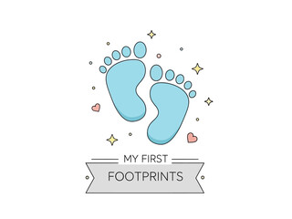 Cute baby blue footprints with stars and hearts saying my first footprints.