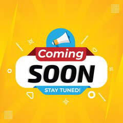Coming soon template with megaphone, coming soon banner for social media post, coming soon on yellow background
