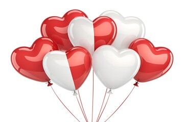 A beautiful arrangement of glossy heart shaped balloons in vibrant red and pure white colors floats together against a clean white background symbolizing romantic love and affection for special celebr