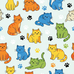Obraz premium Colorful cartoon cats and paw prints on light blue background
