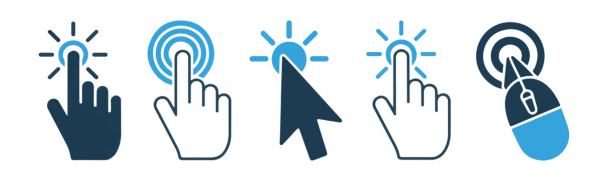 Computer mouse clicker icons with hand pointer and cursor arrows set for digital interface symbols