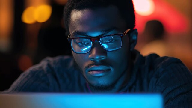 Handsome Black programmer working diligently on laptop in cozy, dimly lit cafe during evening hours with warm ambient lighting and focused ambiance