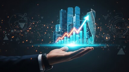 Open palms and Skyscrapers with upward arrows to Envision Future Success through Technology and Urban Growth