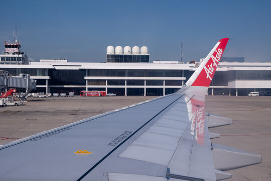 19 December 2025 - Bangkok, Thailand: AirAsia airplane at DMK, Don Mueang International Airport, a hub for low cost flights both domestic and international destinations in Bangkok.