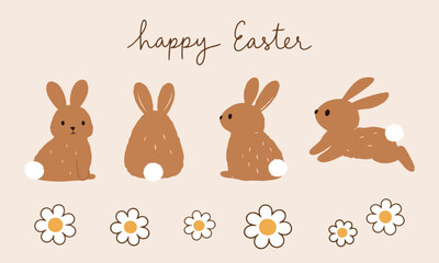 Cute Easter bunny illustration set with hand drawn rabbits in multiple poses and daisy flowers, featuring warm neutral tones for spring greeting cards, children designs.