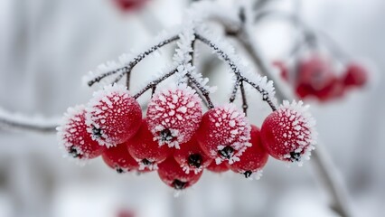 Frosted winter berries on a snow covered branch in a serene natural landscape