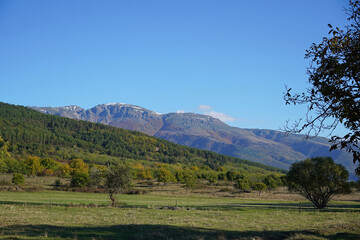 Autumn mountain landscape rocks stones clear day blue sky clouds walks tourism forest flora nature panorama