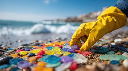 A person in yellow gloves collects colorful glass pieces from a beach, promoting environmental awareness and cleaning efforts.